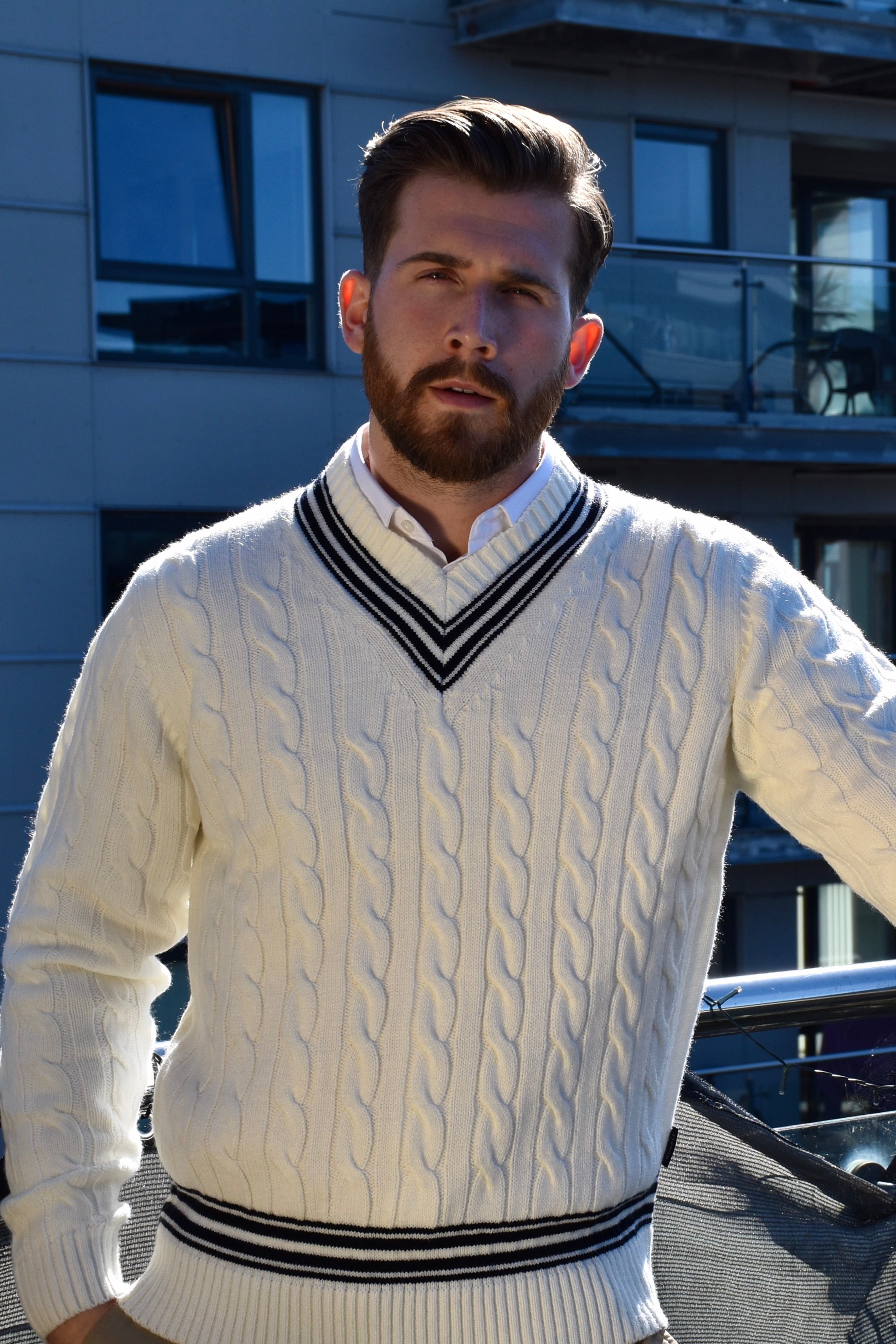 Mens cable clearance knit cricket jumper