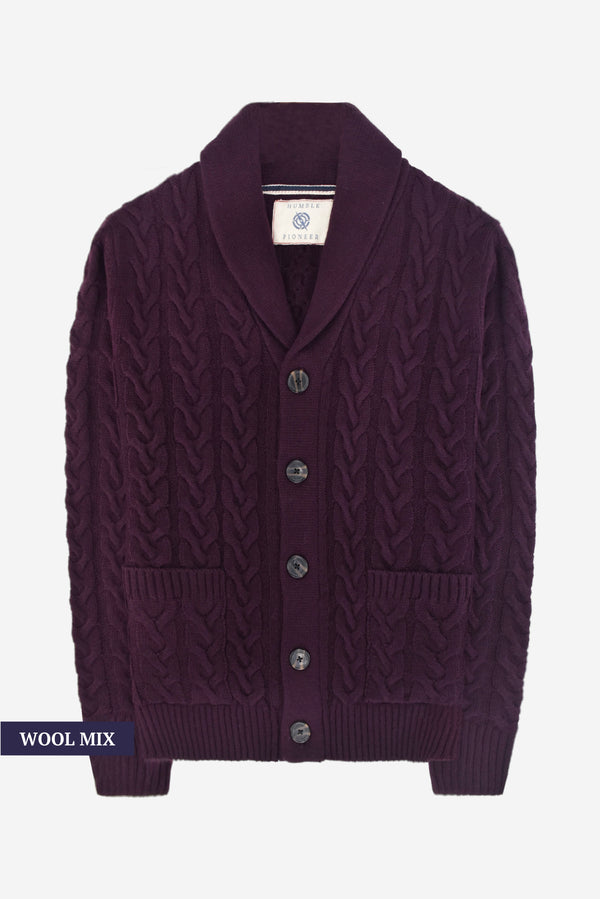 Humble Pioneer -Men's Burgundy Wool Cable Shawl Cardigan