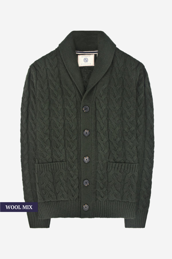 Humble Pioneer -Men's Dark Olive Wool Cable Shawl Cardigan