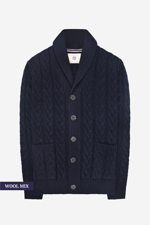 Humble Pioneer -Men's Navy Wool Cable Shawl Cardigan