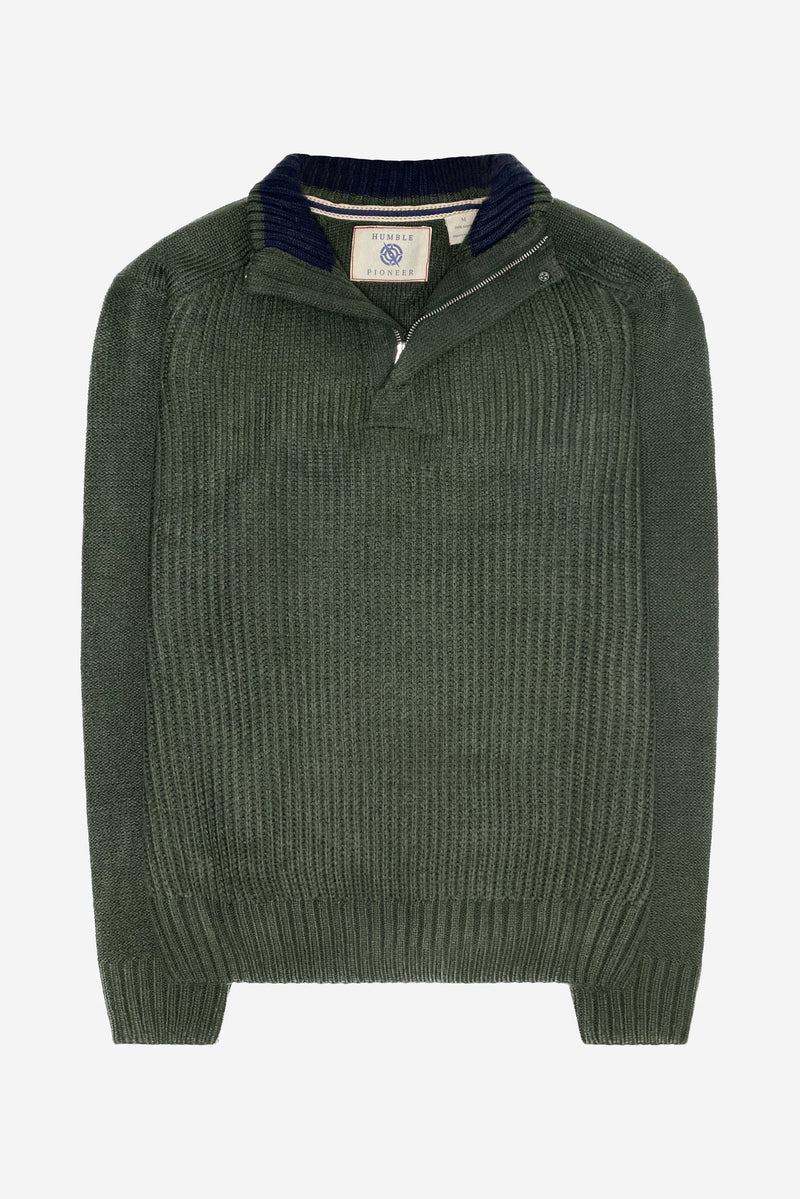 Humble Pioneer - Men's Dark Olive Ribbed Half Zip Jumper