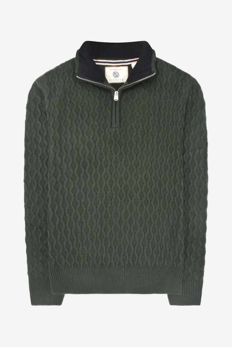 Humble Pioneer - Men's Dark Olive All Over Cable Half Zip Jumper