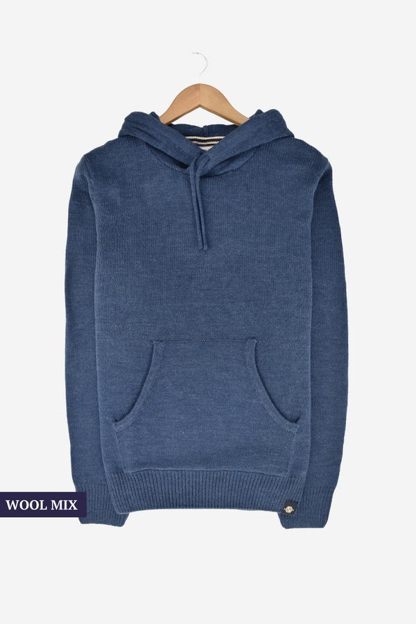 Denim Knitted Wool Mix Hoody with front pocket and hood