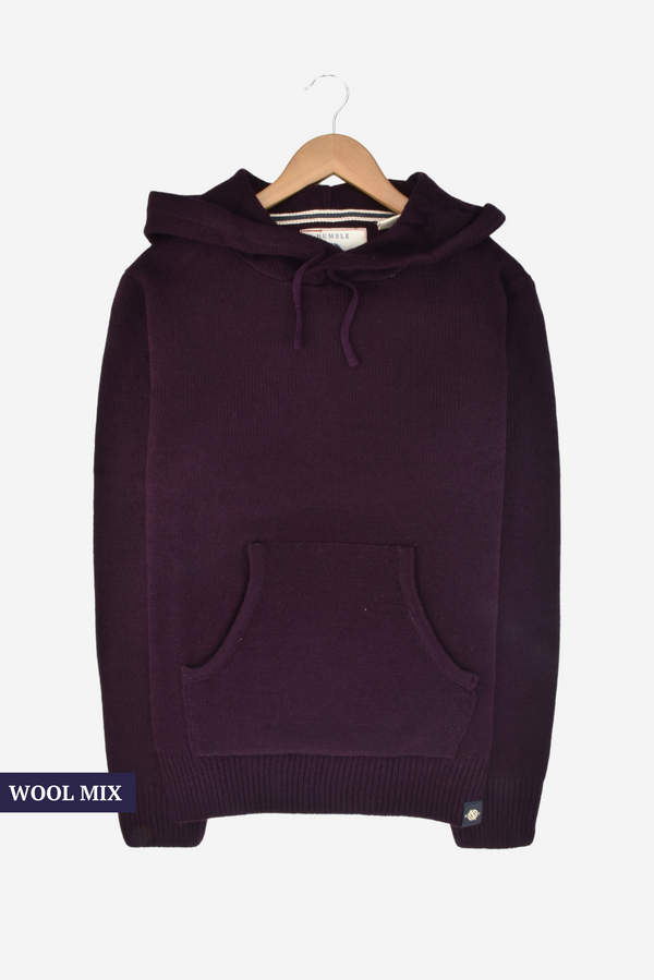 Burgundy Knitted Wool Mix Hoody with front pocket and hood