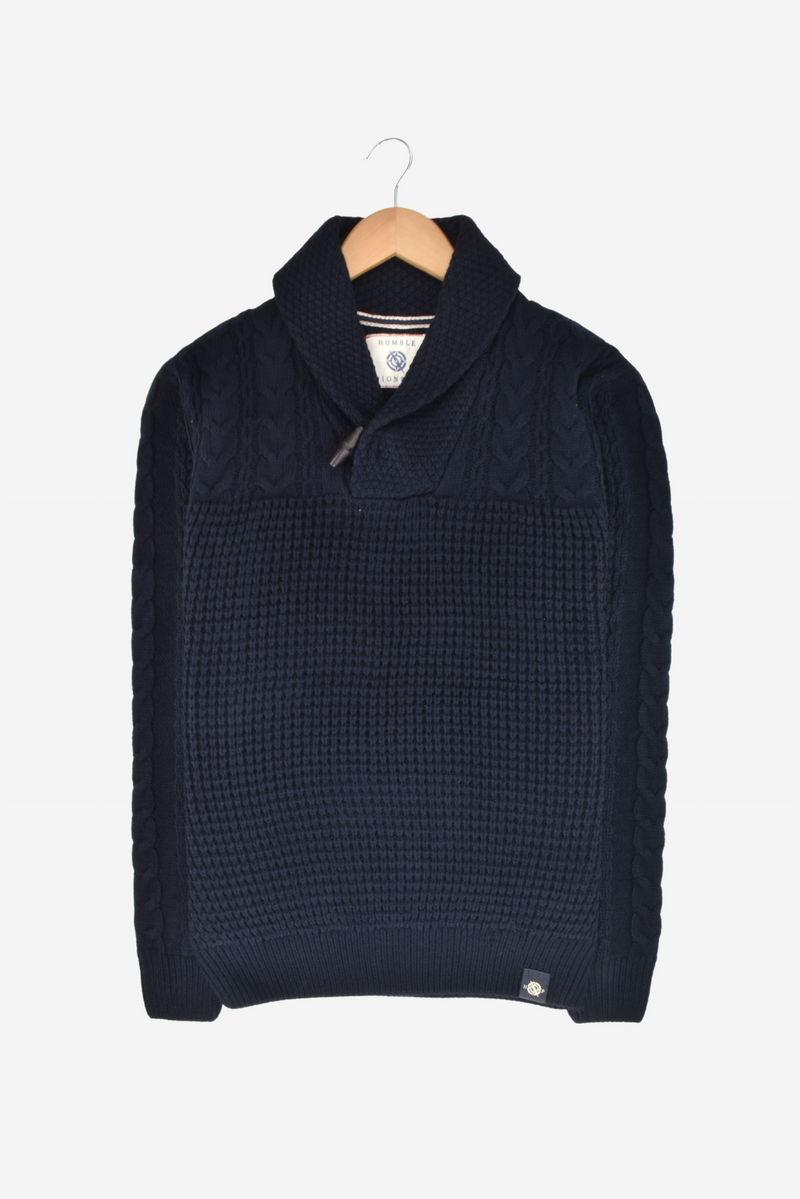 Humble Pioneer - Men's Navy Shawl Cable Mix Jumper