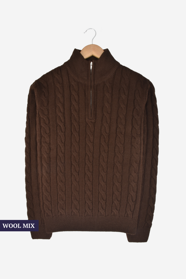 Humble Pioneer - Men's Dark Brown Straight Cable Wool Half Zip