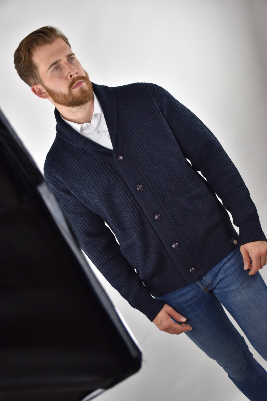 Men's Blue Shawl Neck Wool Cardigan