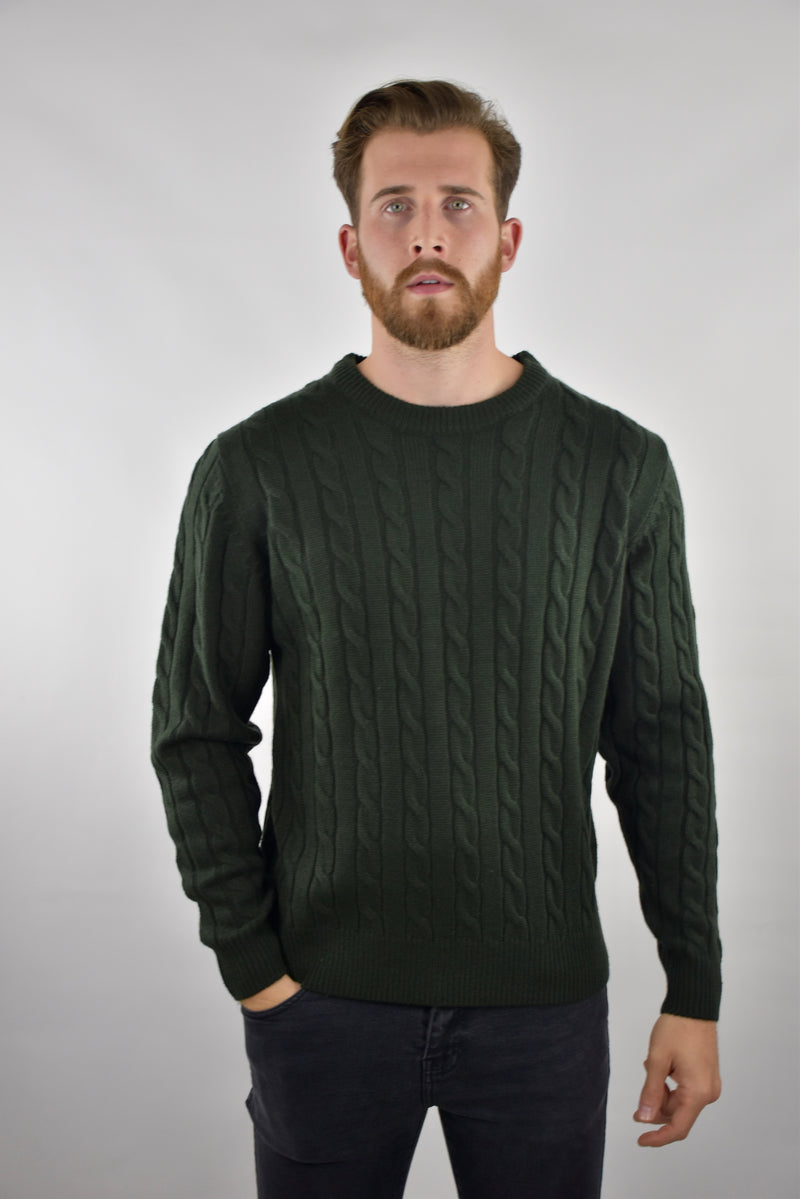 Humble Pioneer - Men's Dark Olive Cable Wool Crew Neck