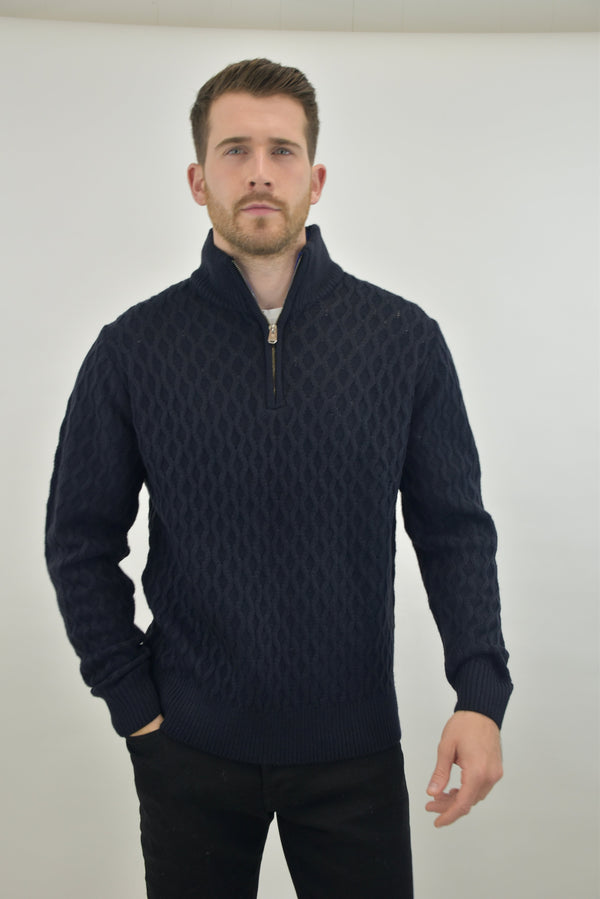 Humble Pioneer - Men's Navy All Over Cable Half Zip Jumper