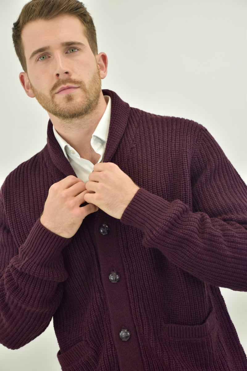 Humble Pioneer - Men's Burgundy Wool Shawl Cardigan