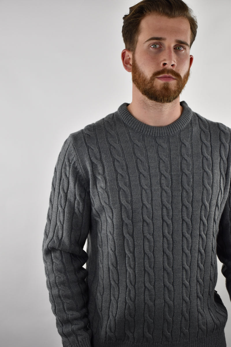 Humble Pioneer - Men's Mid Charcoal Cable Wool Crew Neck