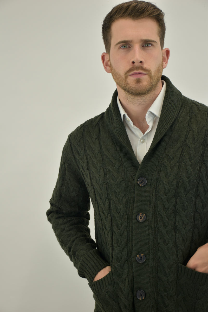 Humble Pioneer -Men's Dark Olive Wool Cable Shawl Cardigan