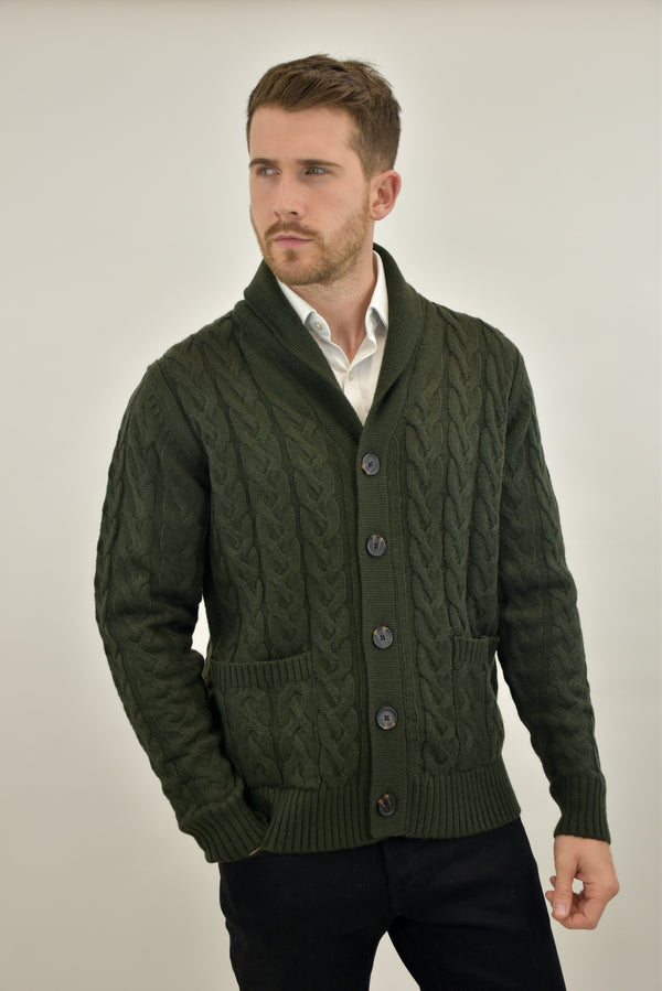 Humble Pioneer -Men's Dark Olive Wool Cable Shawl Cardigan