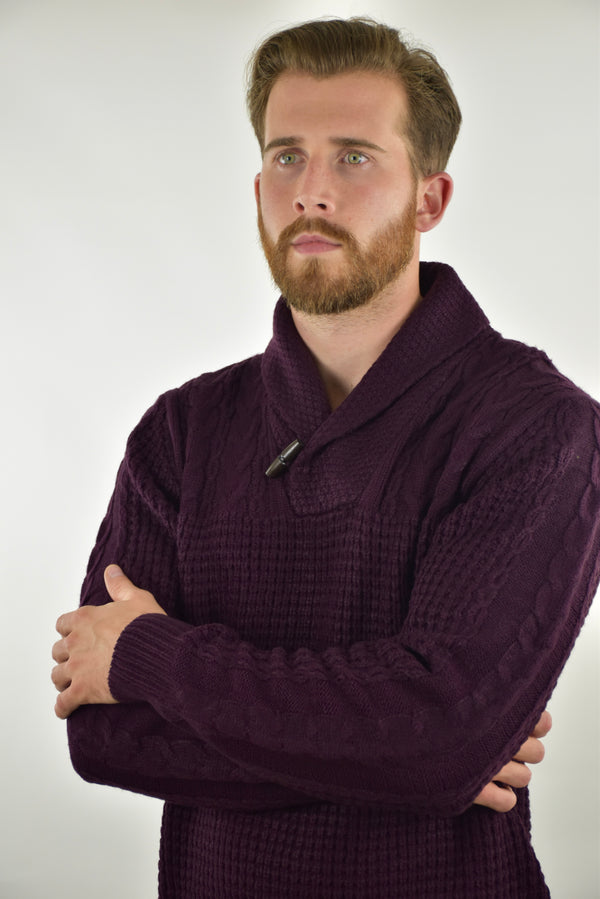 Humble Pioneer - Men's Burgundy Shawl Cable Mix Jumper