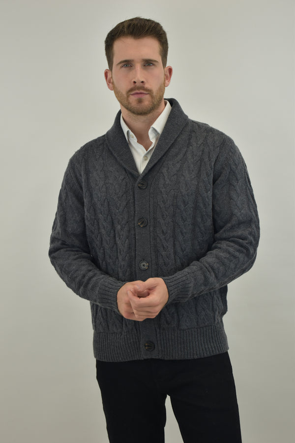 Humble Pioneer -Men's Charcoal Wool Cable Shawl Cardigan