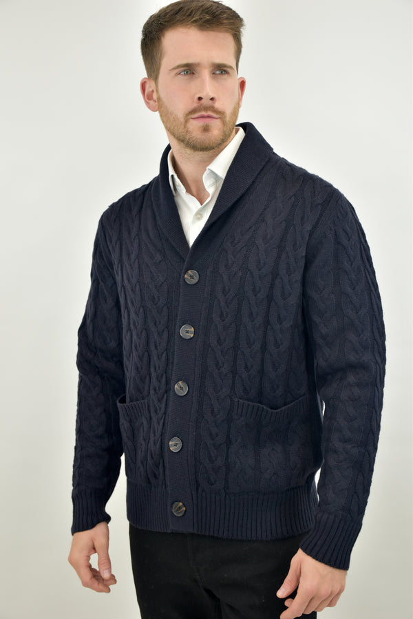 Humble Pioneer -Men's Navy Wool Cable Shawl Cardigan