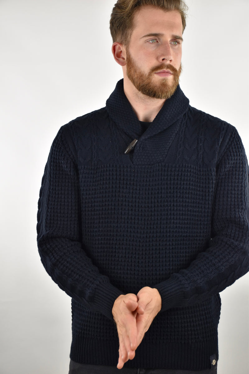 Humble Pioneer - Men's Navy Shawl Cable Mix Jumper