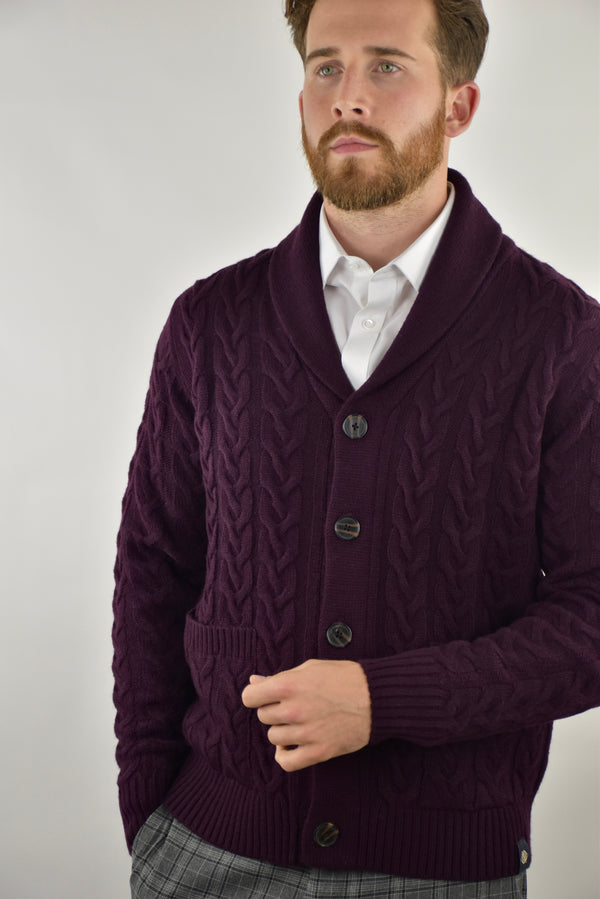 Humble Pioneer -Men's Burgundy Wool Cable Shawl Cardigan