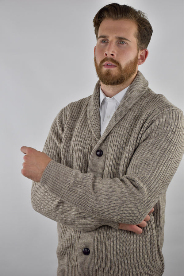 Humble Pioneer - Men's Stone Melange Wool Shawl Cardigan