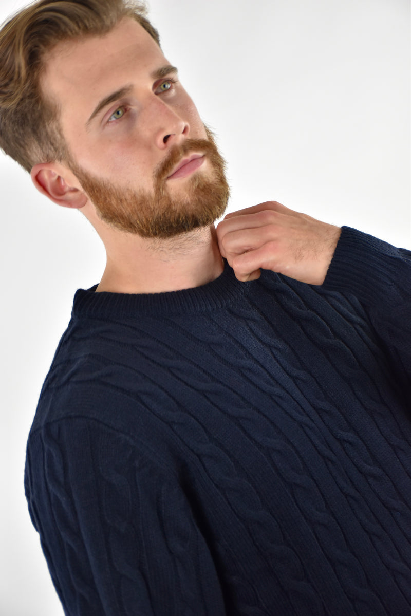 Humble Pioneer - Men's Navy Cable Wool Crew Neck