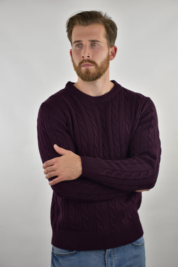 Humble Pioneer - Men's Burgundy Cable Wool Crew Neck