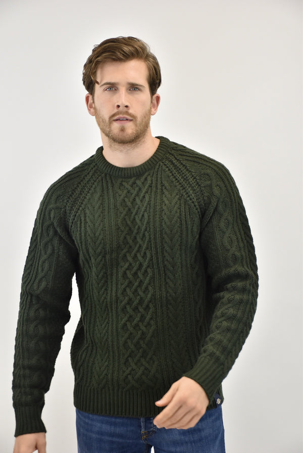 Model wearing Humble Pioneer - Dark Olive Fisherman Cable Knit Jumper